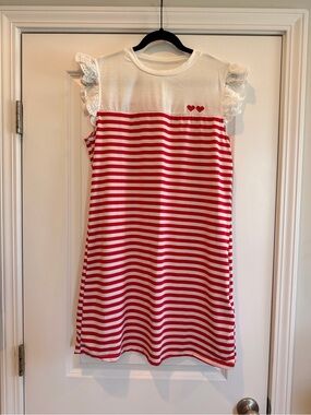 Women’s Red & White Stripe Dress with Eyelet Ruffle Sleeves